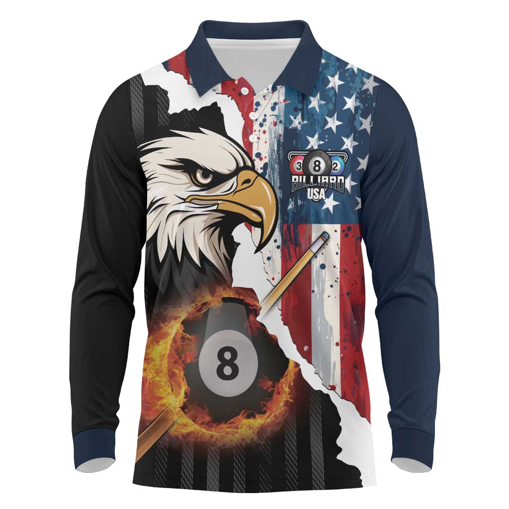 Personalized United States Billiards Long Sleeve Polo Shirt Eagle On Fire 8 Ball - Wonder Print Shop