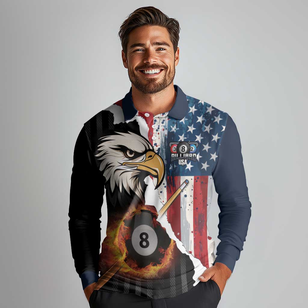 Personalized United States Billiards Long Sleeve Polo Shirt Eagle On Fire 8 Ball - Wonder Print Shop