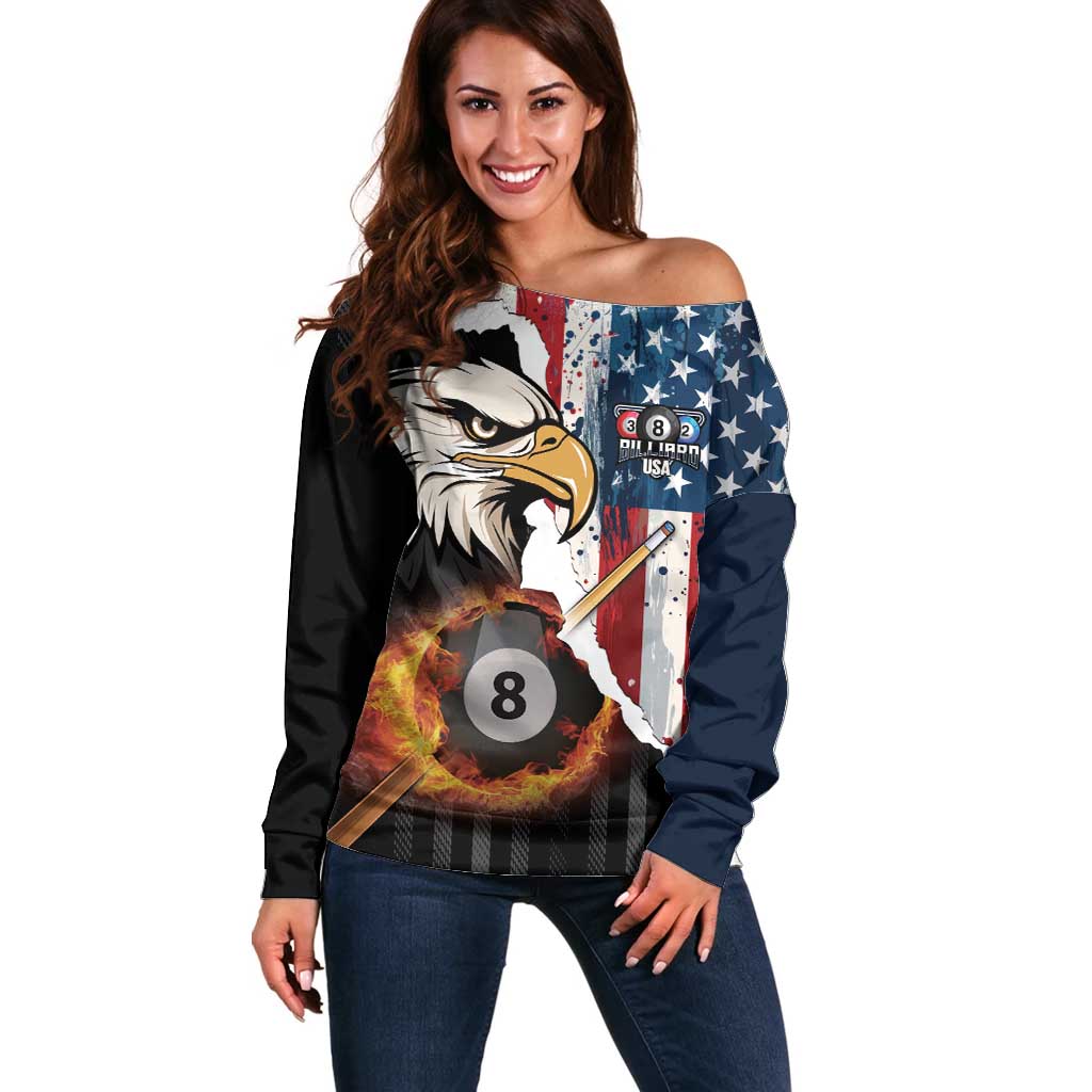 Personalized United States Billiards Off Shoulder Sweater Eagle On Fire 8 Ball - Wonder Print Shop