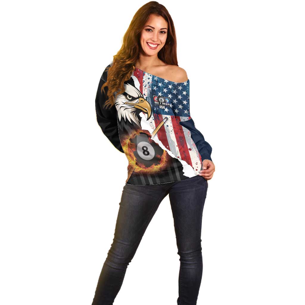 Personalized United States Billiards Off Shoulder Sweater Eagle On Fire 8 Ball - Wonder Print Shop