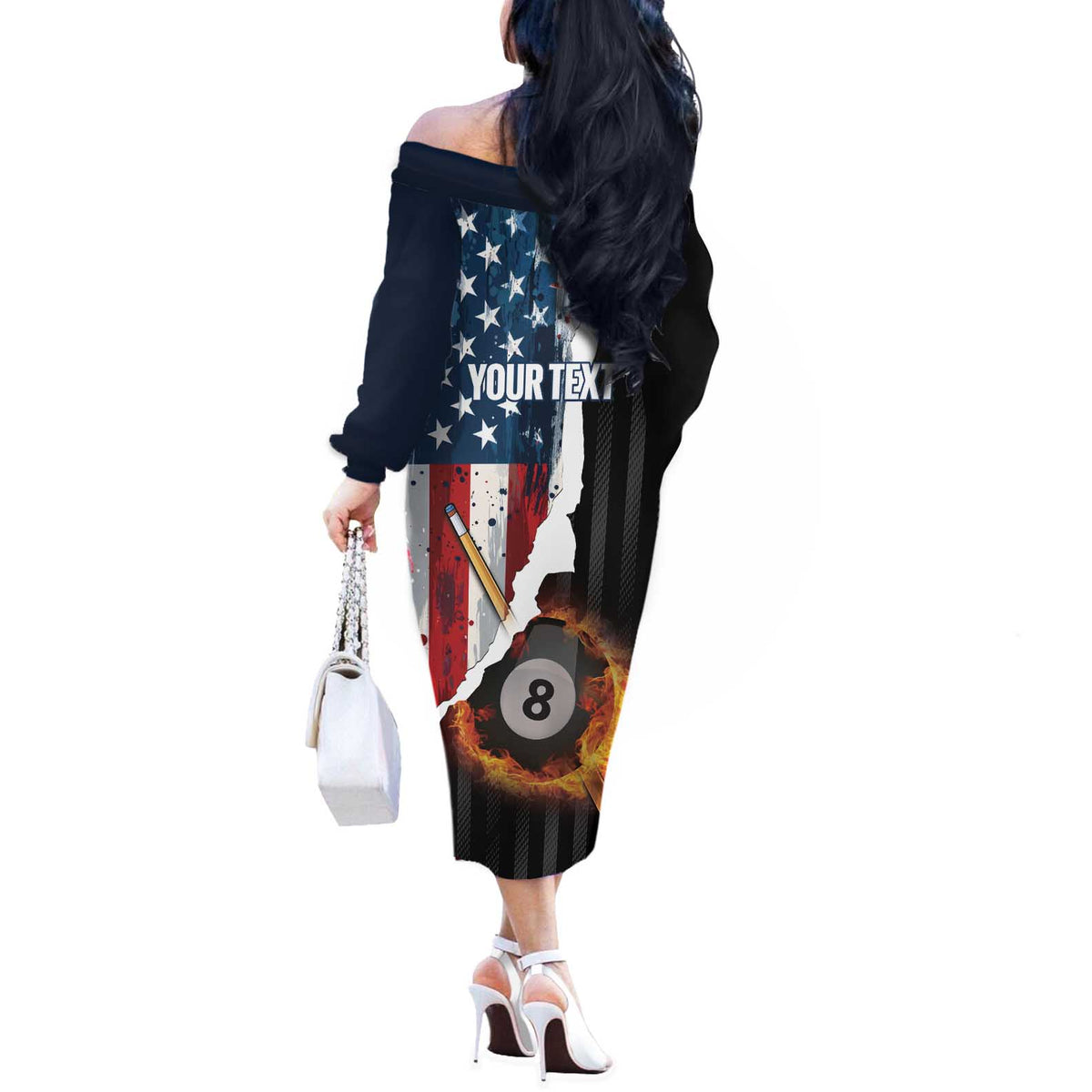 Personalized United States Billiards Off The Shoulder Long Sleeve Dress Eagle On Fire 8 Ball - Wonder Print Shop