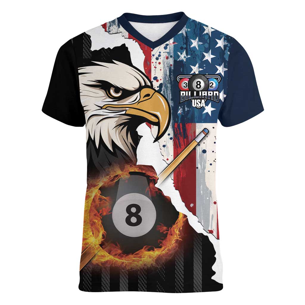 Personalized United States Billiards Women V-Neck T-Shirt Eagle On Fire 8 Ball - Wonder Print Shop