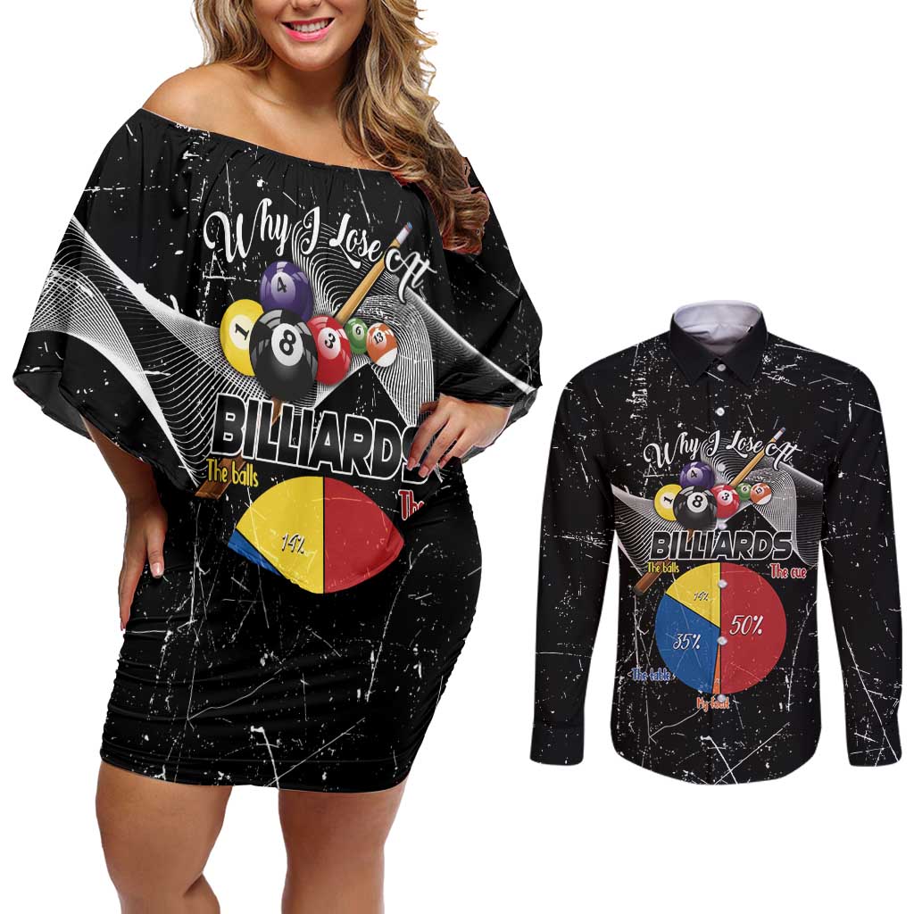 Why I Lose At Billiards Couples Matching Off Shoulder Short Dress and Long Sleeve Button Shirt Funny Grunge Style - Wonder Print Shop