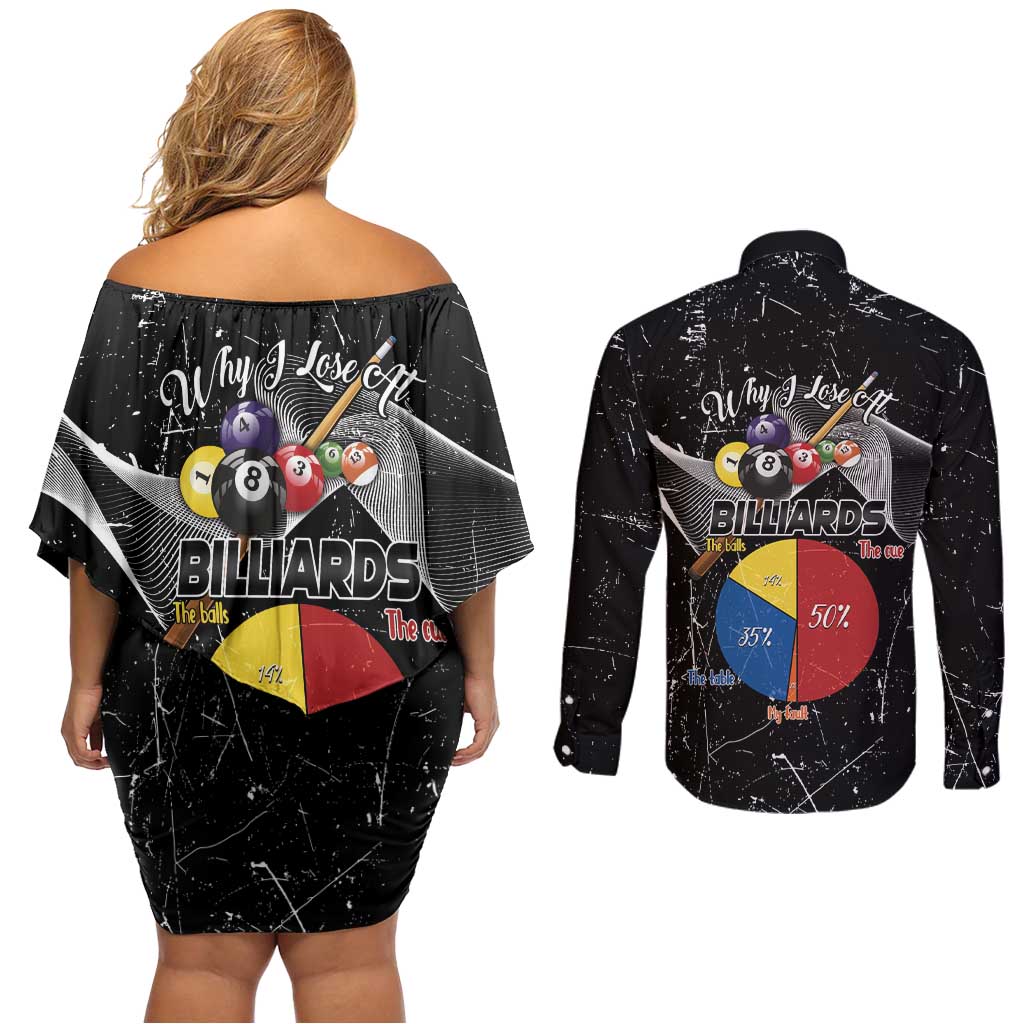 Why I Lose At Billiards Couples Matching Off Shoulder Short Dress and Long Sleeve Button Shirt Funny Grunge Style - Wonder Print Shop