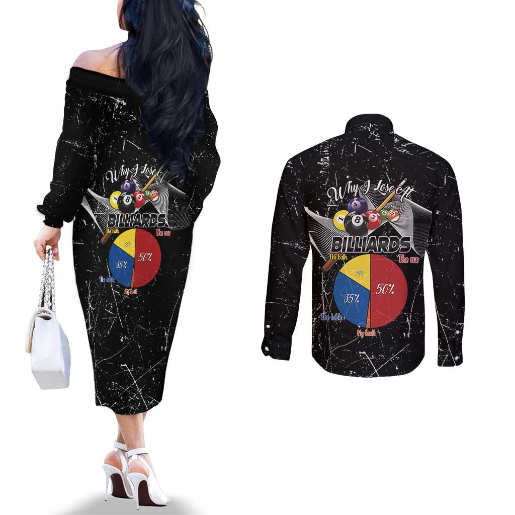 Why I Lose At Billiards Couples Matching Off The Shoulder Long Sleeve Dress and Long Sleeve Button Shirt Funny Grunge Style - Wonder Print Shop