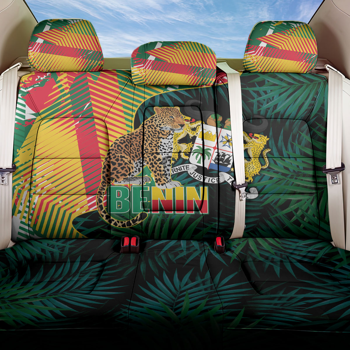 Benin Independence Day Back Car Seat Cover Coat Of Arms Leopard Oil Palm Leaves