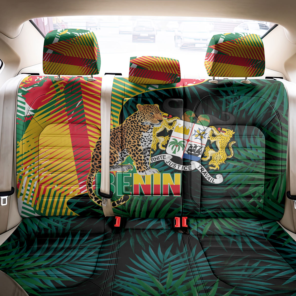 Benin Independence Day Back Car Seat Cover Coat Of Arms Leopard Oil Palm Leaves