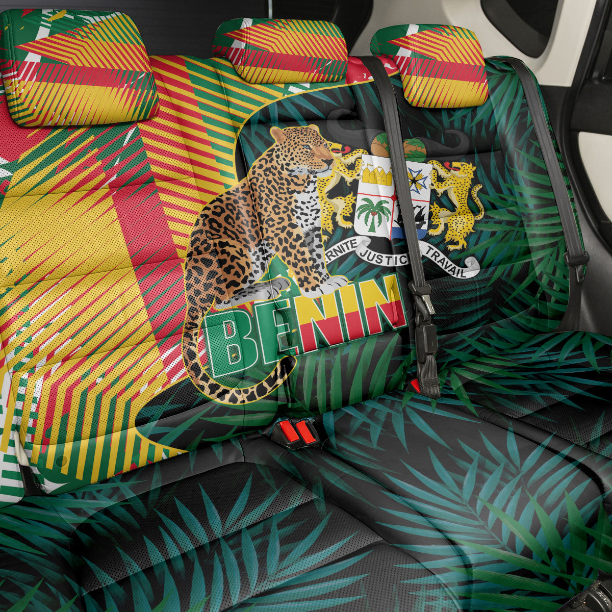 Benin Independence Day Back Car Seat Cover Coat Of Arms Leopard Oil Palm Leaves