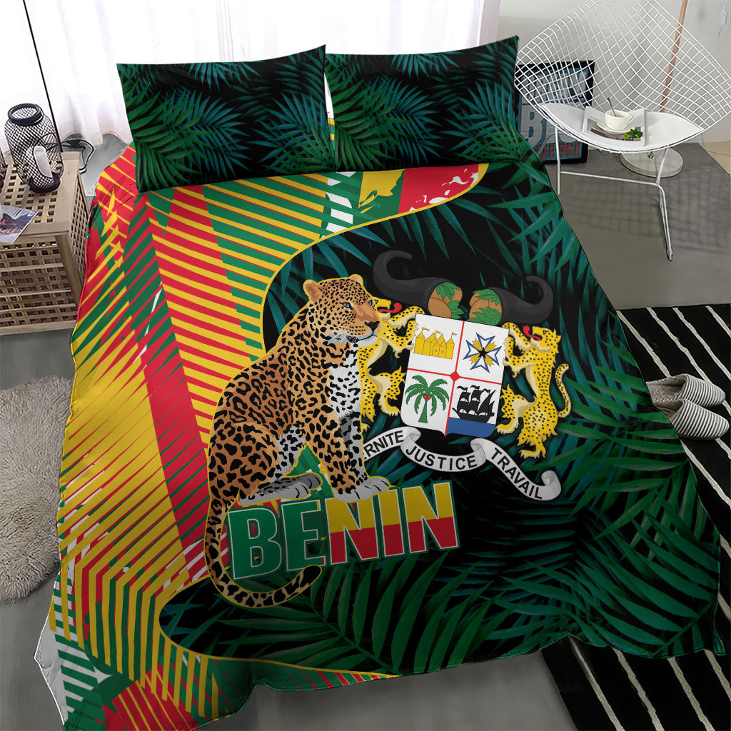 Benin Independence Day Bedding Set Coat Of Arms Leopard Oil Palm Leaves