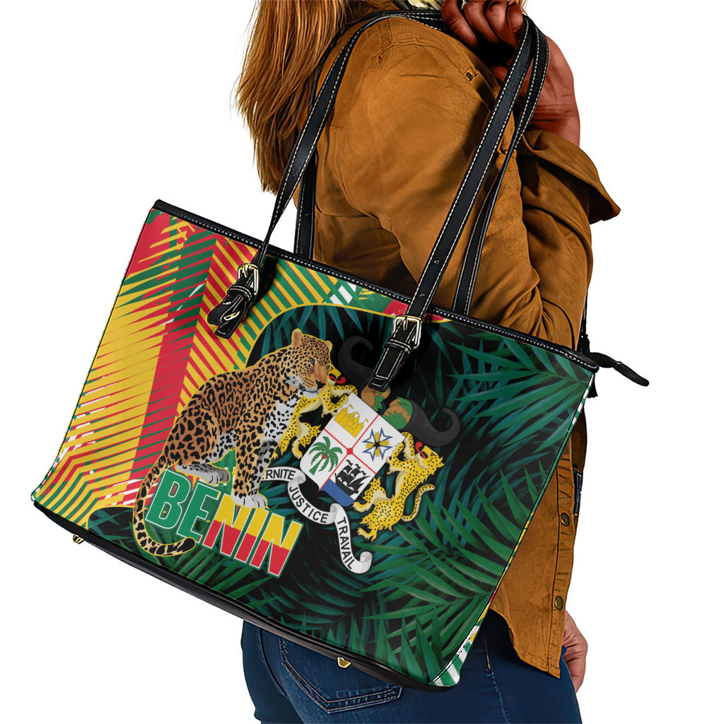 Benin Independence Day Leather Tote Bag Coat Of Arms Leopard Oil Palm Leaves