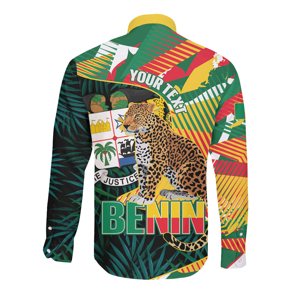 Personalized Benin Independence Day Long Sleeve Button Shirt Coat Of Arms Leopard Oil Palm Leaves