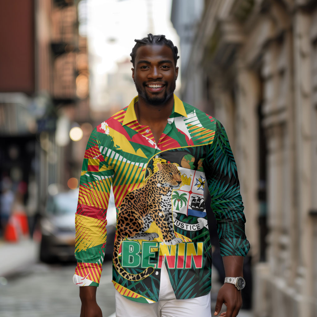 Personalized Benin Independence Day Long Sleeve Button Shirt Coat Of Arms Leopard Oil Palm Leaves