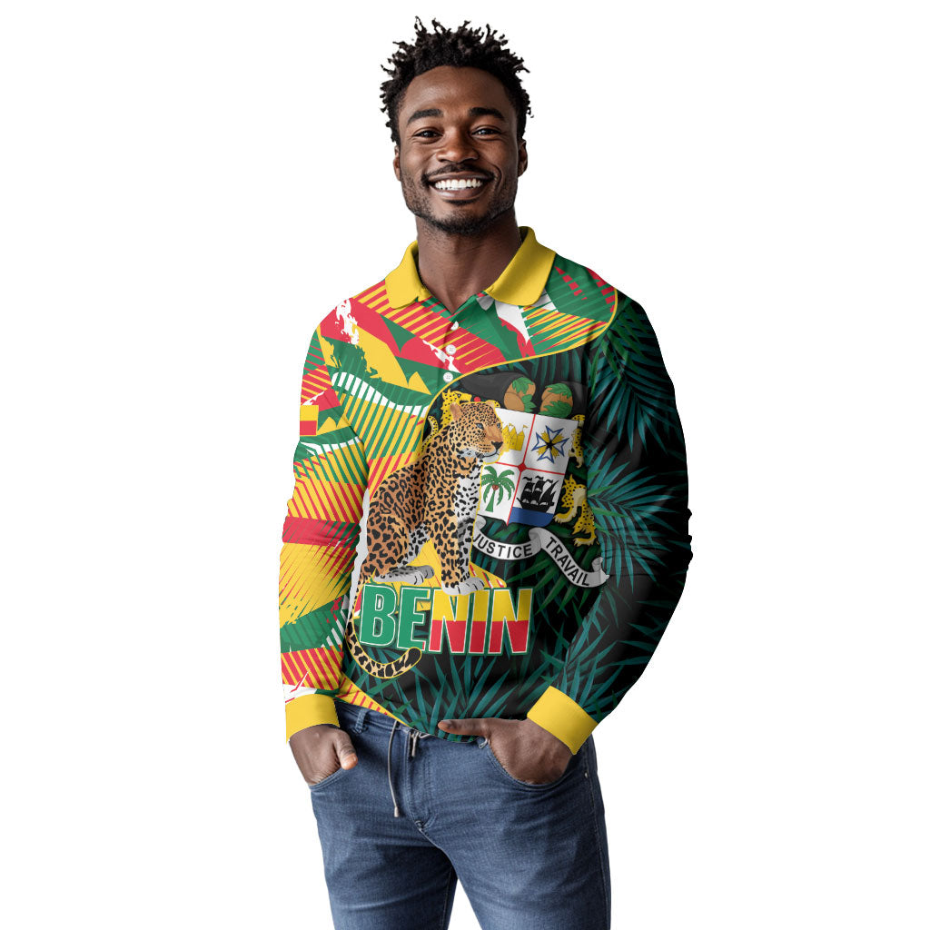 Personalized Benin Independence Day Long Sleeve Polo Shirt Coat Of Arms Leopard Oil Palm Leaves