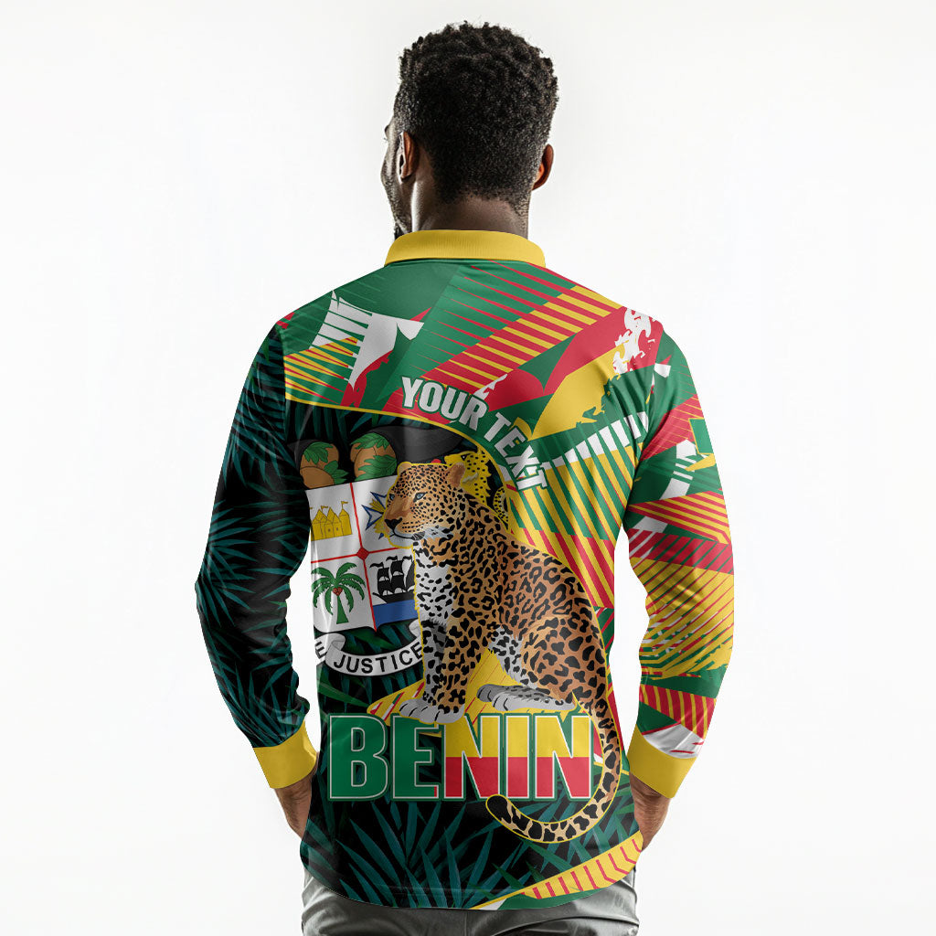 Personalized Benin Independence Day Long Sleeve Polo Shirt Coat Of Arms Leopard Oil Palm Leaves