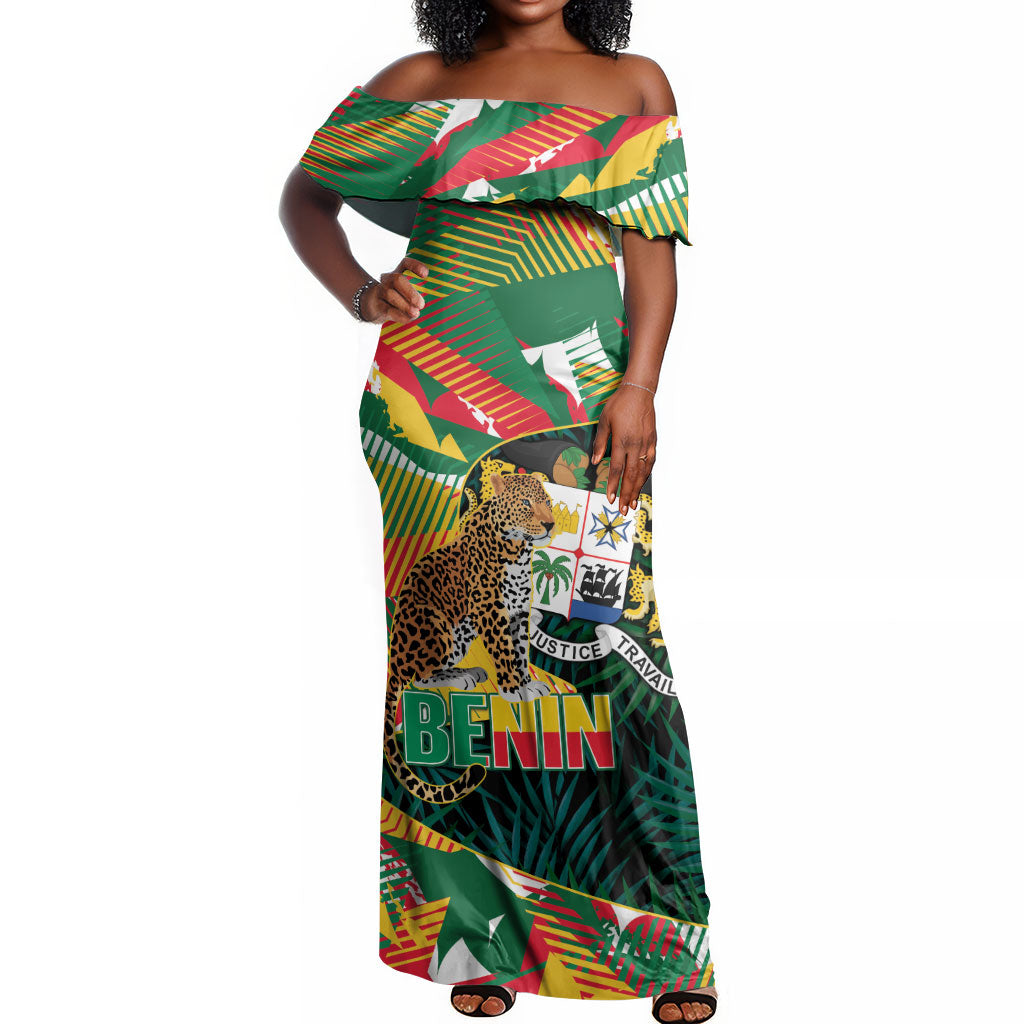 Personalized Benin Independence Day Off Shoulder Maxi Dress Coat Of Arms Leopard Oil Palm Leaves