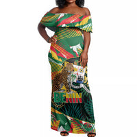 Personalized Benin Independence Day Off Shoulder Maxi Dress Coat Of Arms Leopard Oil Palm Leaves