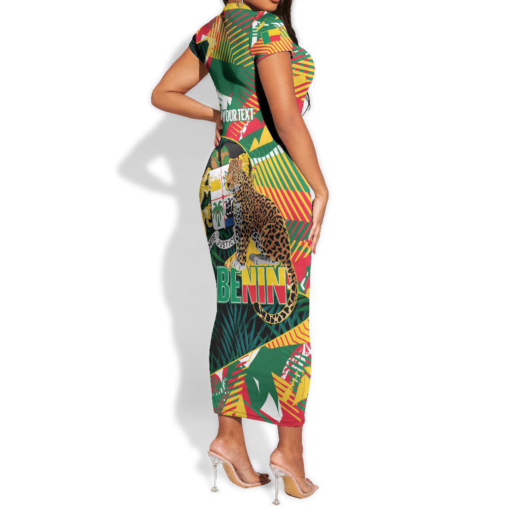 Personalized Benin Independence Day Short Sleeve Bodycon Dress Coat Of Arms Leopard Oil Palm Leaves