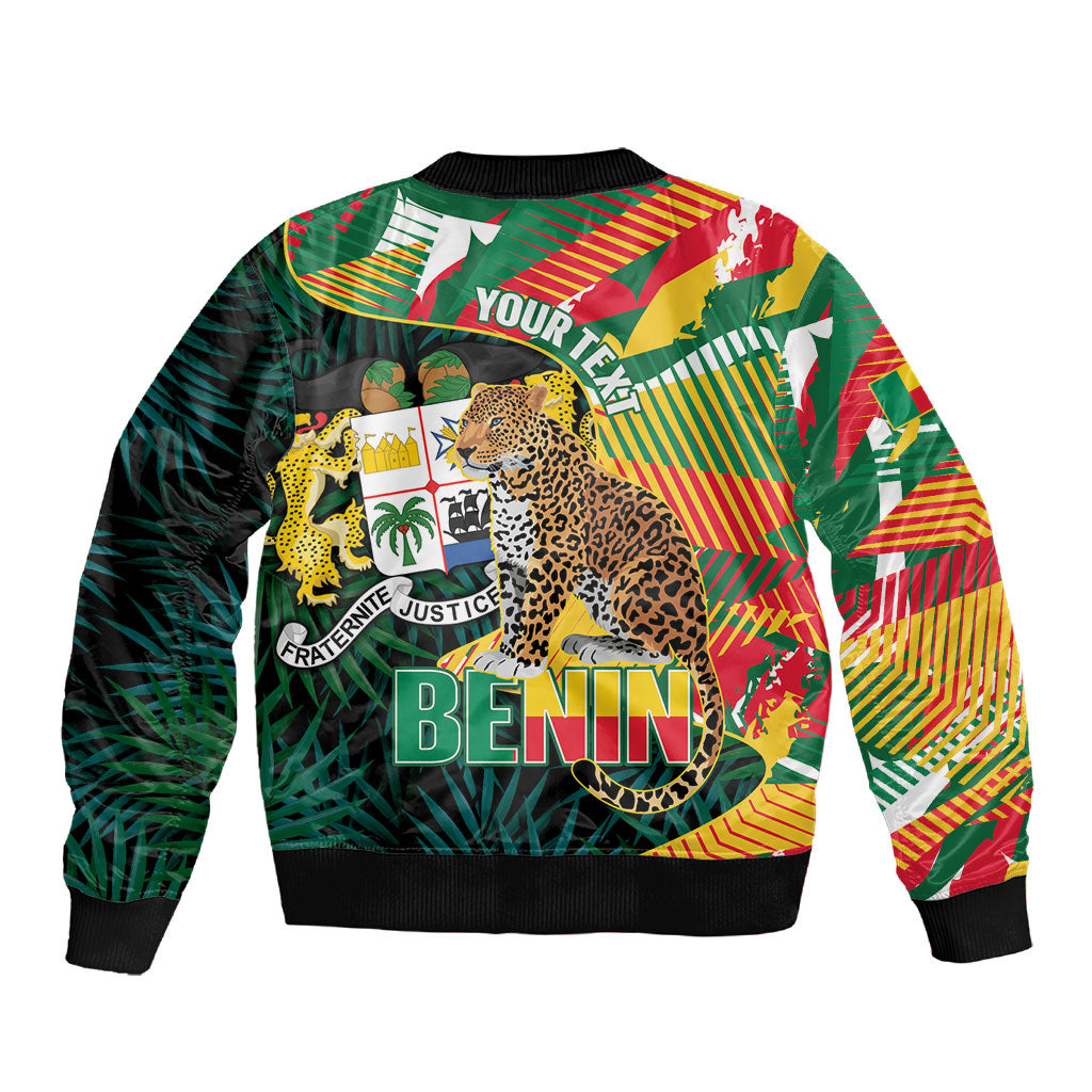 Personalized Benin Independence Day Sleeve Zip Bomber Jacket Coat Of Arms Leopard Oil Palm Leaves