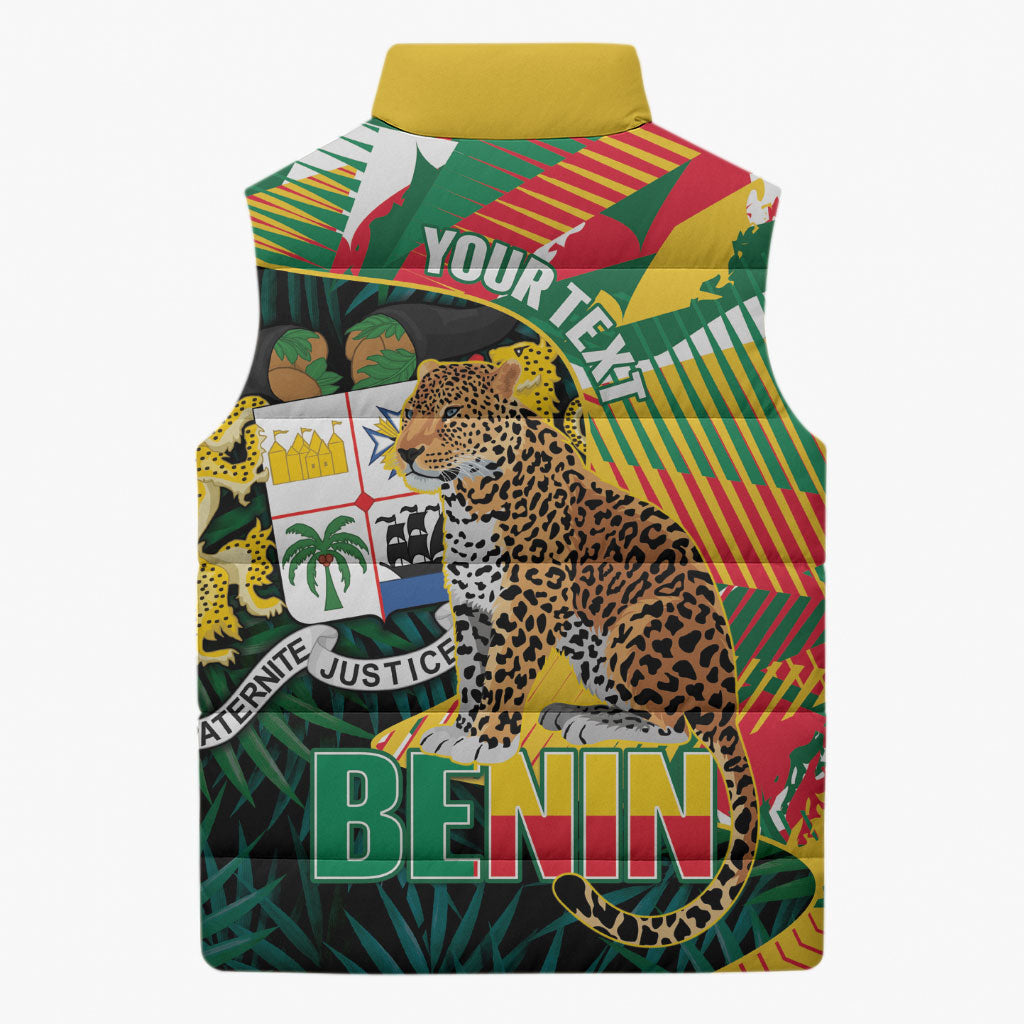 Personalized Benin Independence Day Sleeveless Puffer Jacket Coat Of Arms Leopard Oil Palm Leaves