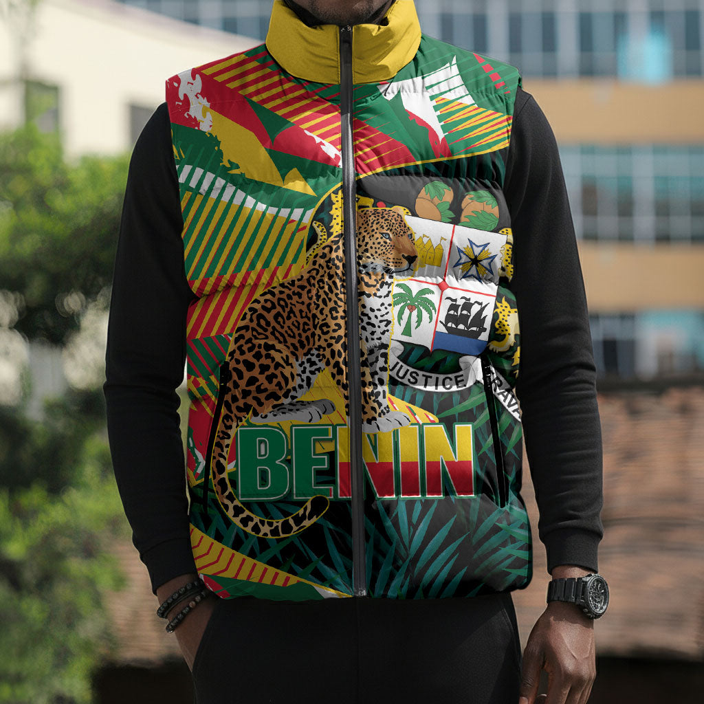 Personalized Benin Independence Day Sleeveless Puffer Jacket Coat Of Arms Leopard Oil Palm Leaves