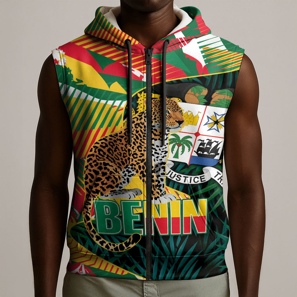 Personalized Benin Independence Day Sleeveless Zip Hoodie Coat Of Arms Leopard Oil Palm Leaves
