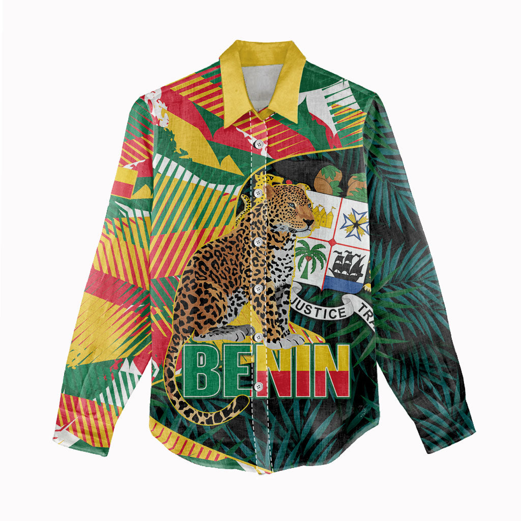 Personalized Benin Independence Day Women Casual Shirt Coat Of Arms Leopard Oil Palm Leaves