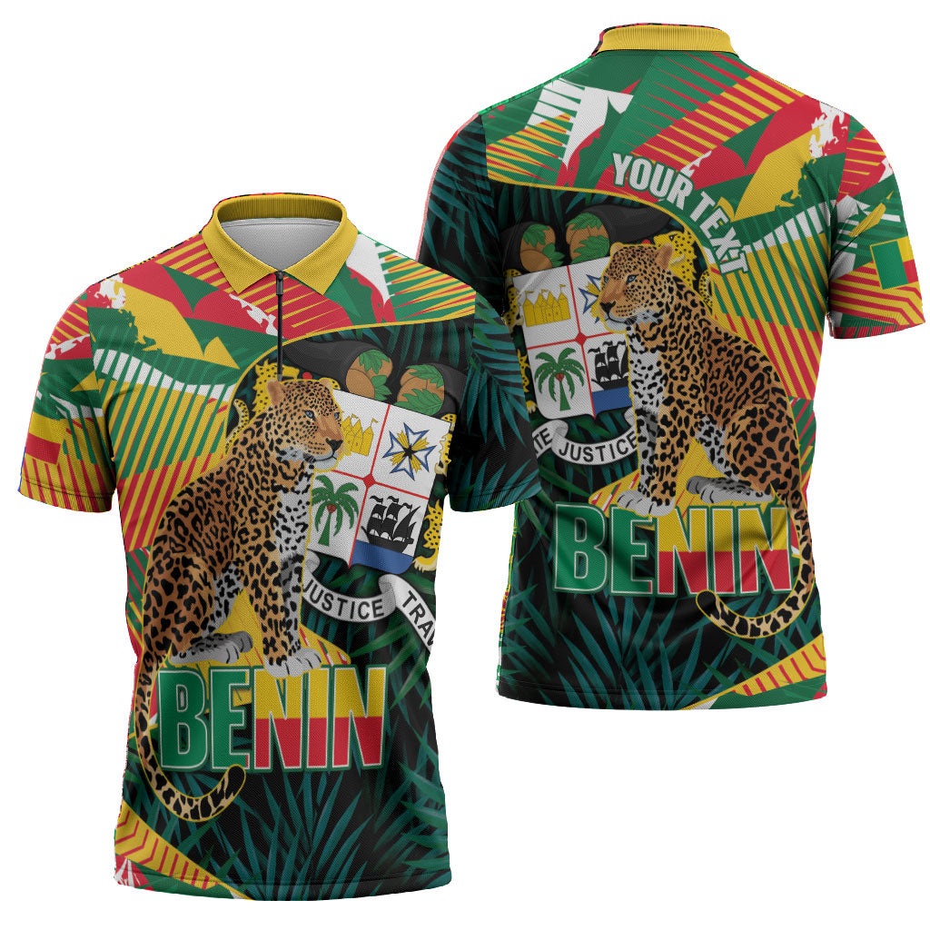 Personalized Benin Independence Day Zipper Polo Shirt Coat Of Arms Leopard Oil Palm Leaves