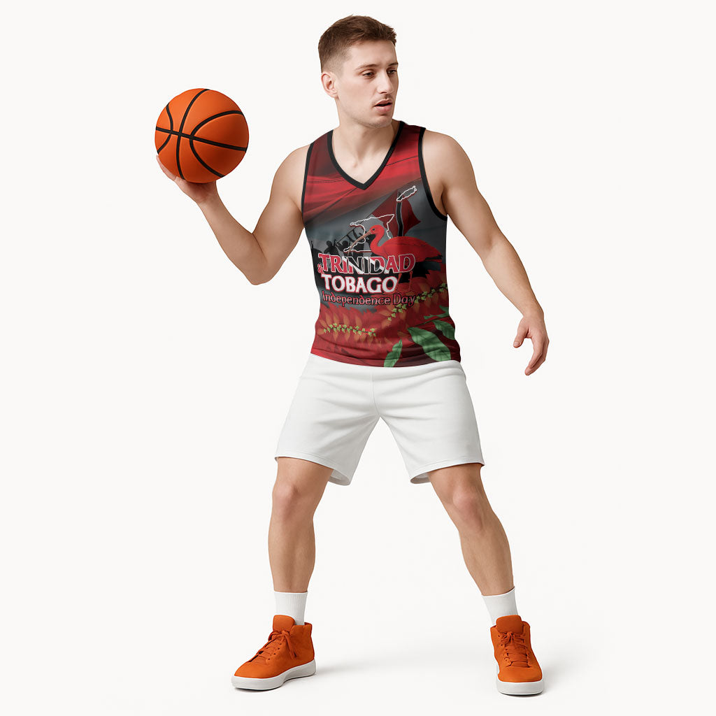 Personalized Trinidad and Tobago Independence Day Basketball Jersey Scarlet Ibis And Chaconia Flowers