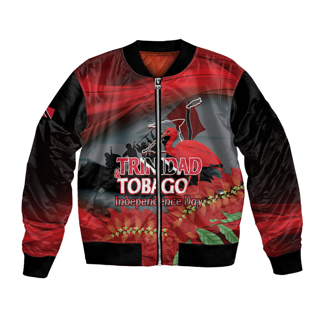 Personalized Trinidad and Tobago Independence Day Bomber Jacket Scarlet Ibis And Chaconia Flowers