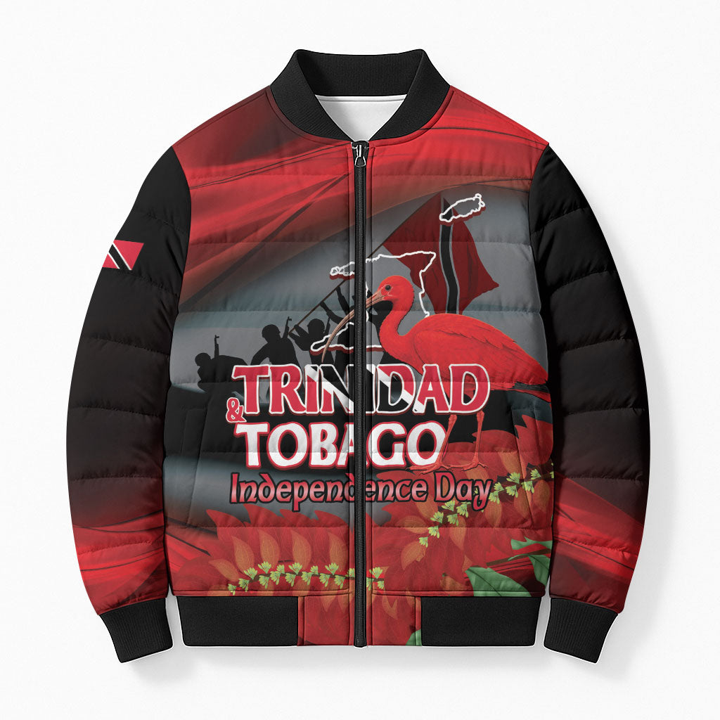 Personalized Trinidad and Tobago Independence Day Bomber Puffer Jacket Scarlet Ibis And Chaconia Flowers