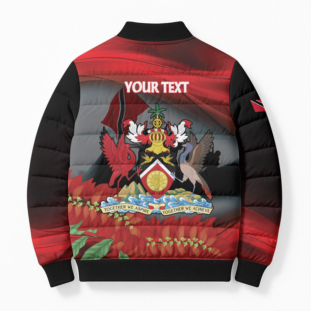 Personalized Trinidad and Tobago Independence Day Bomber Puffer Jacket Scarlet Ibis And Chaconia Flowers