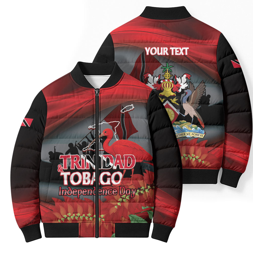 Personalized Trinidad and Tobago Independence Day Bomber Puffer Jacket Scarlet Ibis And Chaconia Flowers