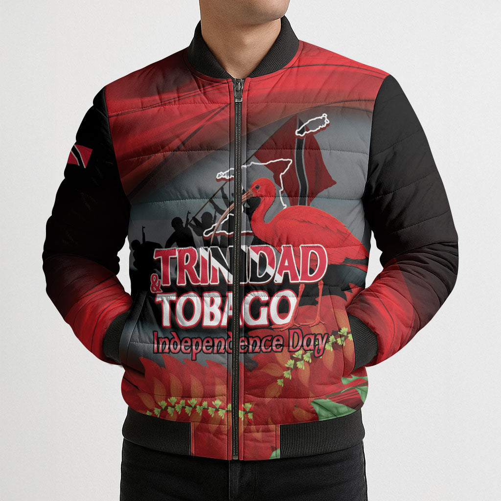 Personalized Trinidad and Tobago Independence Day Bomber Puffer Jacket Scarlet Ibis And Chaconia Flowers