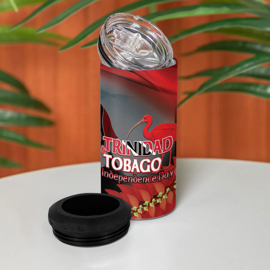 Personalized Trinidad and Tobago Independence Day 4 in 1 Can Cooler Tumbler Scarlet Ibis And Chaconia Flowers