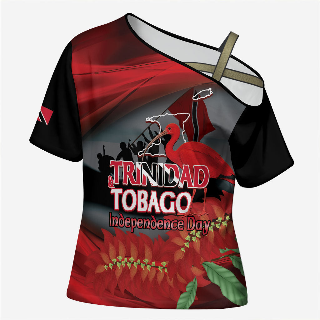 Personalized Trinidad and Tobago Independence Day Cross Shoulder Shirt Scarlet Ibis And Chaconia Flowers