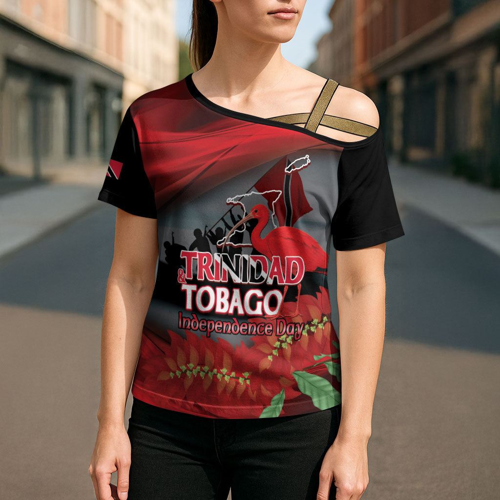 Personalized Trinidad and Tobago Independence Day Cross Shoulder Shirt Scarlet Ibis And Chaconia Flowers