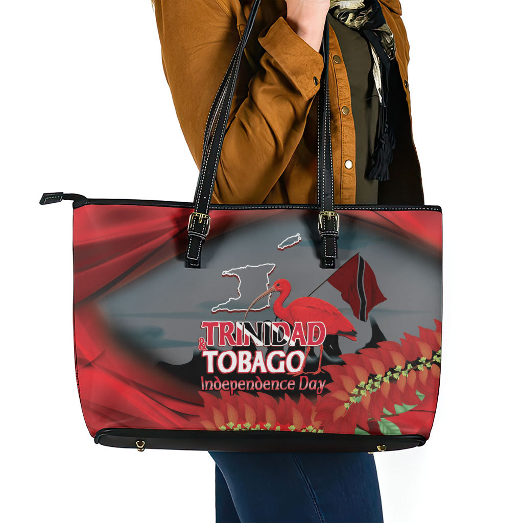 Trinidad and Tobago Independence Day Leather Tote Bag Scarlet Ibis And Chaconia Flowers