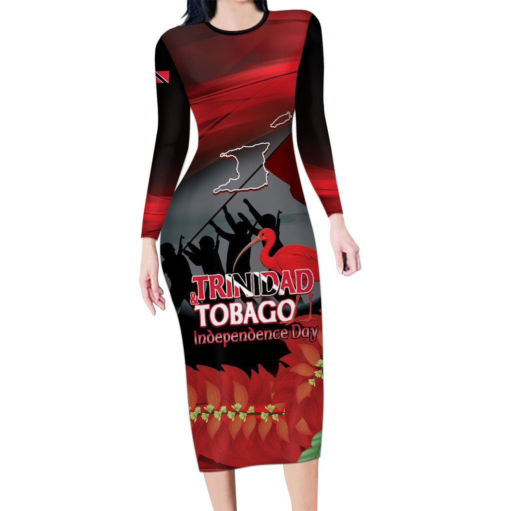 Personalized Trinidad and Tobago Independence Day Long Sleeve Bodycon Dress Scarlet Ibis And Chaconia Flowers