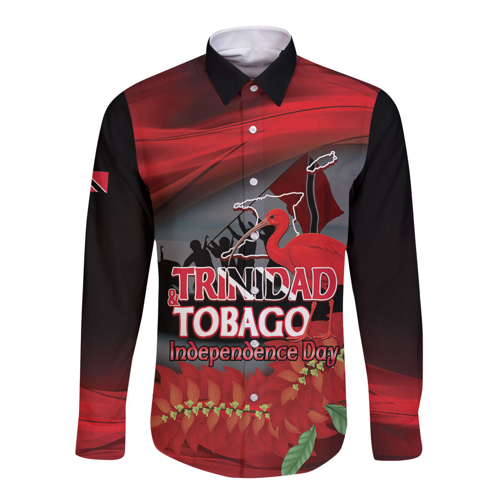 Personalized Trinidad and Tobago Independence Day Long Sleeve Button Shirt Scarlet Ibis And Chaconia Flowers