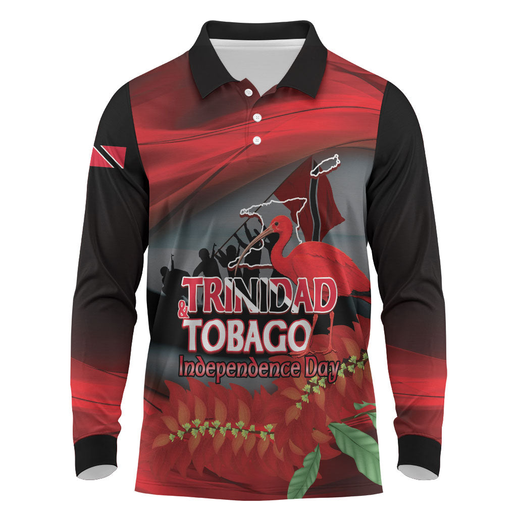 Personalized Trinidad and Tobago Independence Day Long Sleeve Polo Shirt Scarlet Ibis And Chaconia Flowers