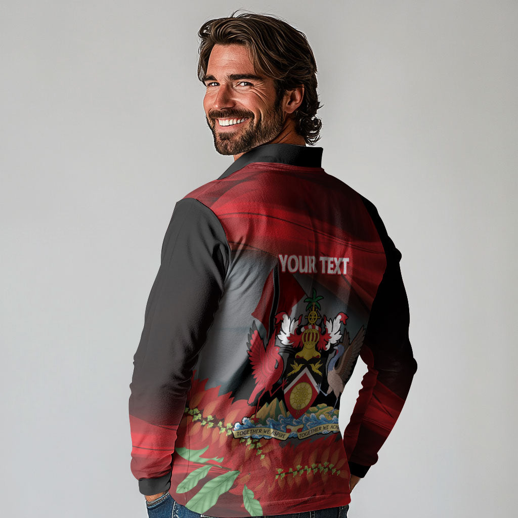 Personalized Trinidad and Tobago Independence Day Long Sleeve Polo Shirt Scarlet Ibis And Chaconia Flowers
