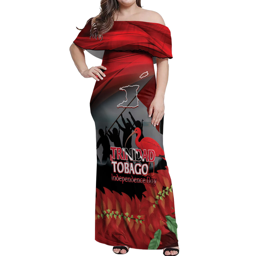 Personalized Trinidad and Tobago Independence Day Off Shoulder Maxi Dress Scarlet Ibis And Chaconia Flowers