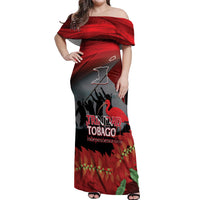 Personalized Trinidad and Tobago Independence Day Off Shoulder Maxi Dress Scarlet Ibis And Chaconia Flowers
