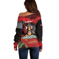 Personalized Trinidad and Tobago Independence Day Off Shoulder Sweater Scarlet Ibis And Chaconia Flowers