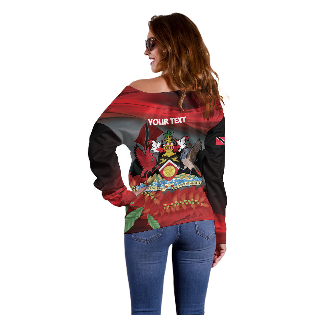 Personalized Trinidad and Tobago Independence Day Off Shoulder Sweater Scarlet Ibis And Chaconia Flowers