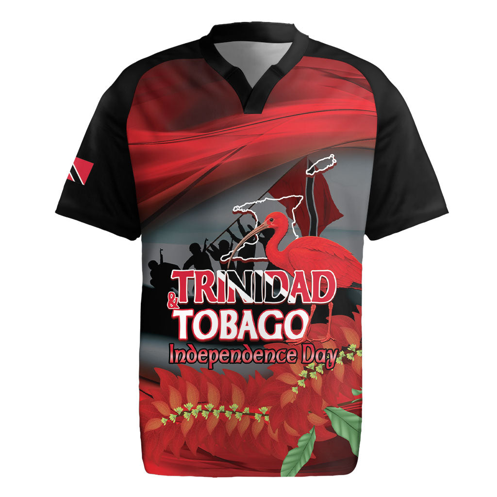 Personalized Trinidad and Tobago Independence Day Rugby Jersey Scarlet Ibis And Chaconia Flowers
