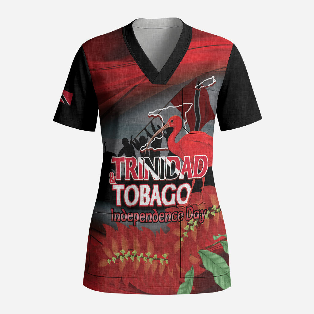Personalized Trinidad and Tobago Independence Day Scrub Top Scarlet Ibis And Chaconia Flowers