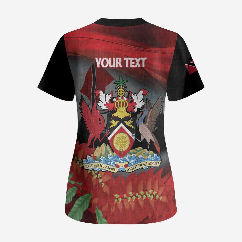 Personalized Trinidad and Tobago Independence Day Scrub Top Scarlet Ibis And Chaconia Flowers