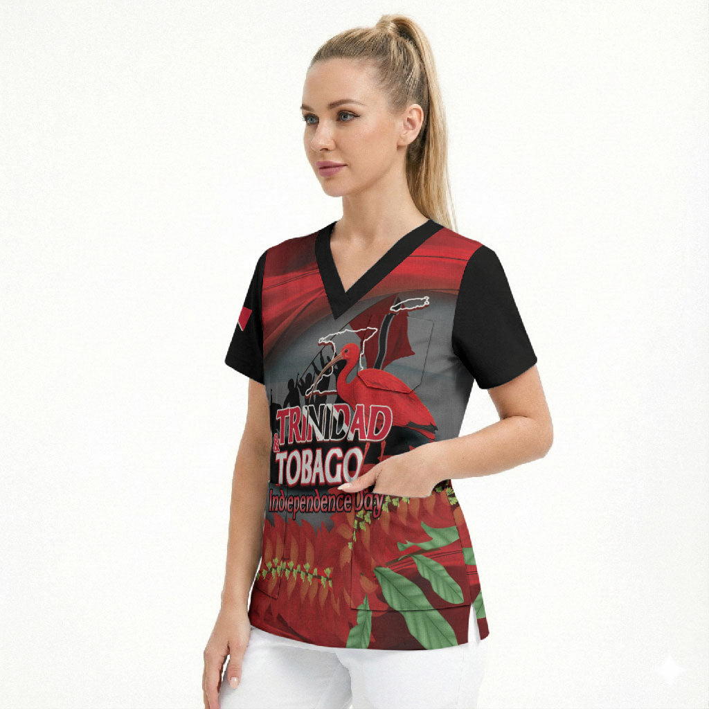 Personalized Trinidad and Tobago Independence Day Scrub Top Scarlet Ibis And Chaconia Flowers