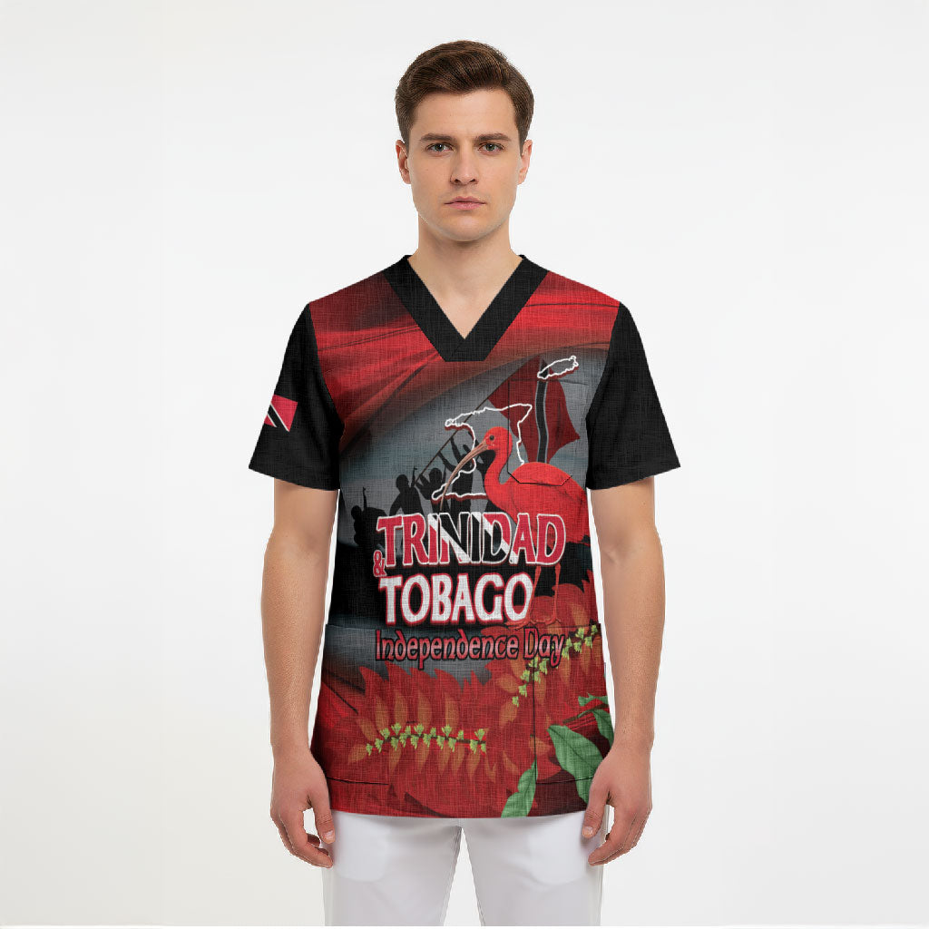 Personalized Trinidad and Tobago Independence Day Scrub Top Scarlet Ibis And Chaconia Flowers